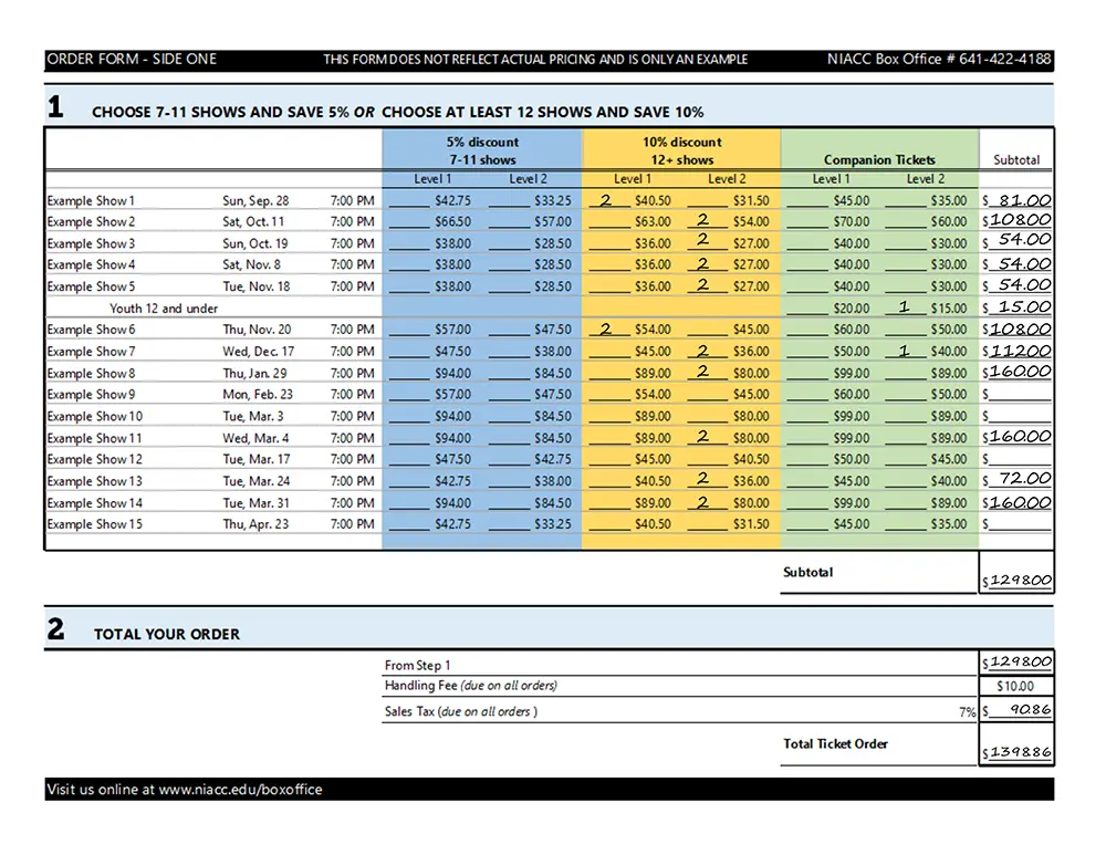 Example of a purchase form featuring shows from the Performing Arts Series